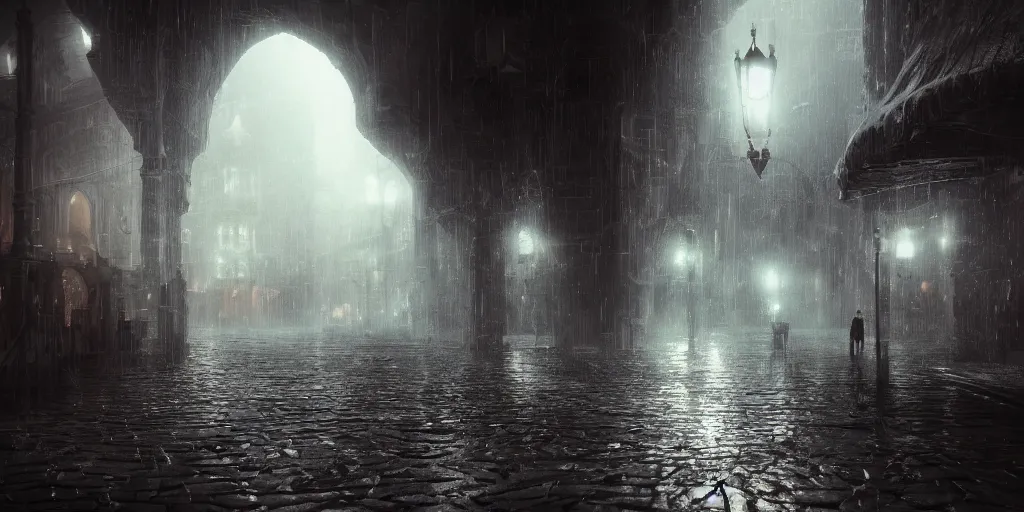 Prompt: a cold and melancholic city in a dark cavern, rainy and gloomy atmosphere, fantasy digital art, octane render, beautiful composition, trending on artstation, award - winning photograph, masterpiece