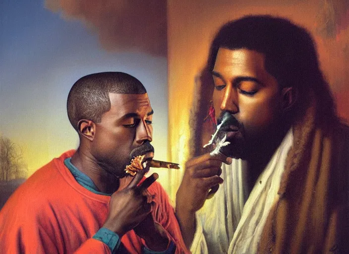 Prompt: surrealist hyperrealistic oil painting of kanye west smoking a joint with jesus christ, detailed, by rembrandt van rijn, lisa frank, hr giger, beksinski, anato finnstark!!, 8 k resolution, beautiful lighting, studio light, extremely detailed, establishing shot, realistic materials, hyperrealistic