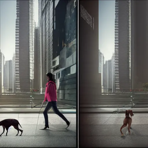 Image similar to Full lenght view contamporary art photography of ultra mega super hyper realistic girl walking with a dog . Photo on Leica Q2 Camera, Rendered in VRAY and DaVinci Resolve and MAXWELL and LUMION 3D, Volumetric natural light. Wearing cyberpunk suit with many details by Hiromasa Ogura .Rendered in VRAY and DaVinci Resolve and MAXWELL and LUMION 3D, Volumetric natural light