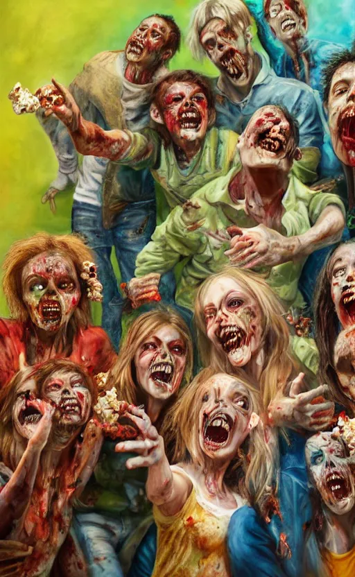 Prompt: beautiful detailed photorealistic painting of a group of friends dressed as zombies in a cinema, watching a movie eating popcorn. they are smiling and having fun. the friends are happy and having fun. vibrant, high quality, vibrant colors, very funny, beautiful, hq. hd. 4 k. award winning. trending on artstation