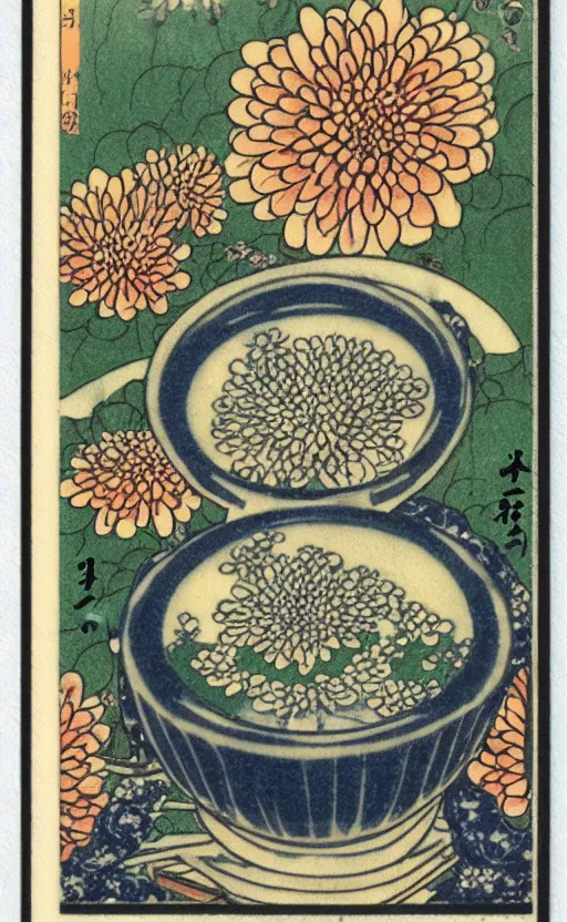 Prompt: by akio watanabe, manga art, chrysanthemum flower inside flat japanese sake cup top, trading card front