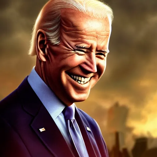 Image similar to joe biden smiling while behind him the world is burning, dramatic lighting, cinematic, establishing shot, extremly high detail, photorealistic, cinematic lighting, artstation, style by James Gurney