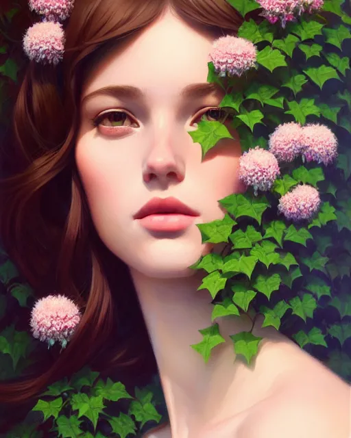 Prompt: stylized portrait of an artistic pose, composition, young lady sorrounded by nature, ivy's, flowers, one single head, realistic shaded, fine details, realistic shaded lighting poster by ilya kuvshinov, magali villeneuve, artgerm, jeremy lipkin and michael garmash and rob rey