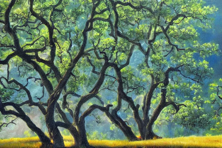 Prompt: masterpiece painting of oak trees on a hillside overlooking a creek, dramatic lighting, by cliff childs