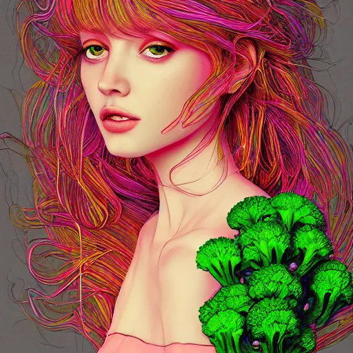 Prompt: the portrait of an unbelievably beautiful, elegant, and sophicated young woman partially made of broccoli, an ultrafine detailed illustration by james jean, intricate linework, bright colors, final fantasy, behance contest winner, vanitas, angular, altermodern, unreal engine 5 highly rendered, global illumination, radiant light, detailed and intricate environment