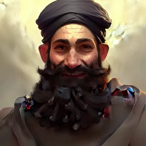 Image similar to a happy merchant jew wearing kippah!!!, rubbing hands!!!, evil, tricky!!, black curly beard, black curly hair, black eyes, hooked nose!, by greg rutkowski, artstation, by artgerm, by wlop