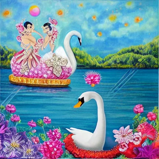 Image similar to Fantasy Swan Boat adorned in Diamonds and Flowers DayDream Painting