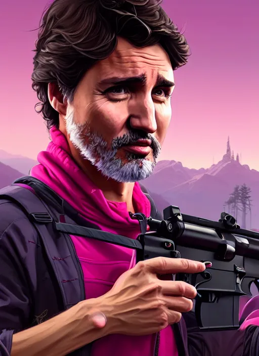 Prompt: highly detailed portrait justin trudeau in ( ( fuschia hoody ) ) holding ar - 1 5! in gta v stephen bliss unreal engine fantasy art by greg rutkowski loish rhads ferdinand knab makoto shinkai lois van baarle ilya kuvshinov rossdraws tom bagshaw global illumination radiant light detailed intricate environment