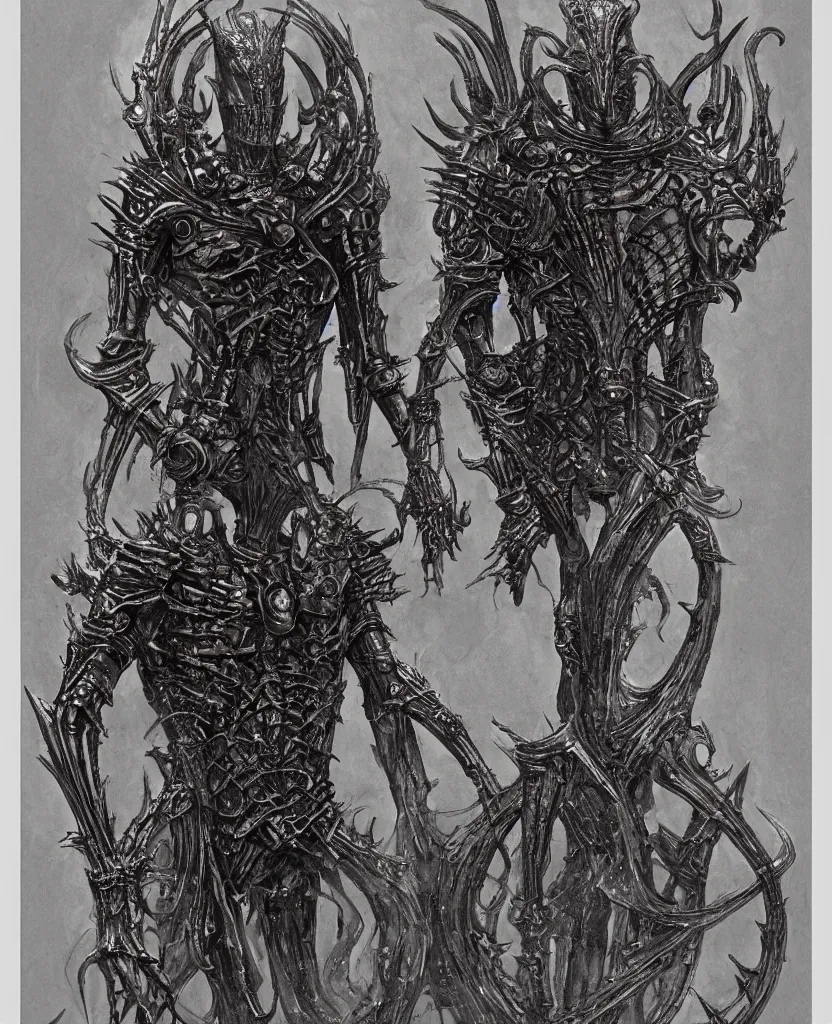 Prompt: a single filigree ornamental medieval iron and black bronze armor with skeletal features and short spikes, frontal, art by (((wayne barlowe))), hr giger, hedi xandt, foggy, dimly lit, artstation, concept art,