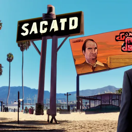 Image similar to Saul Goodman, GTA 5 loading screen, Santa Monica Beach, concept art