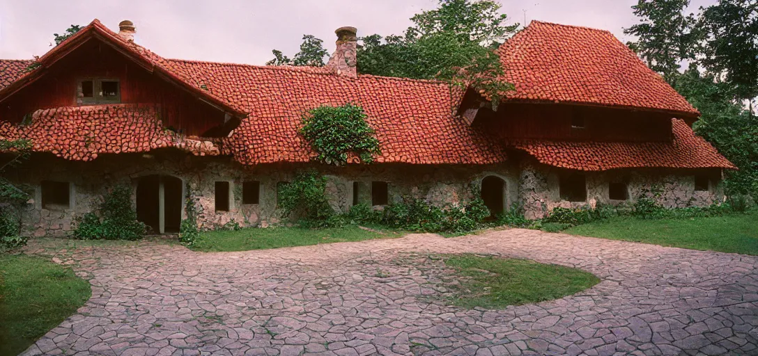 Prompt: house in carpathian vernacular style. outdoor landscaping designed by roberto burle marx. fujinon premista 1 9 - 4 5 mm t 2. 9. portra 8 0 0.