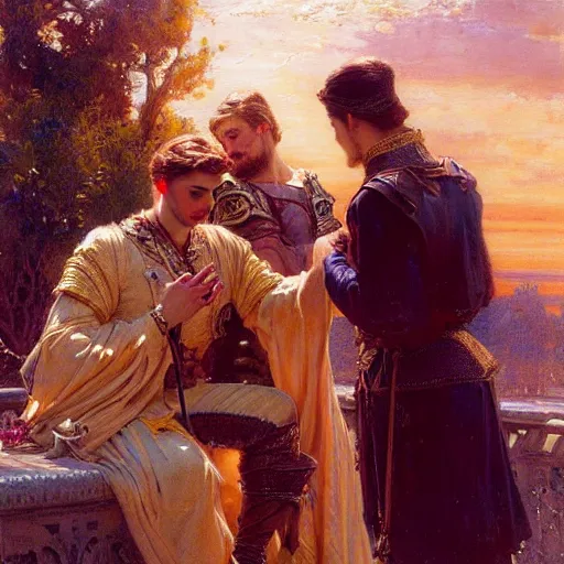 Image similar to attractive fully clothed king confesses his love for his attractive fully clothed male prince. highly detailed painting by gaston bussiere, craig muler, j. c. leyendecker 8 k