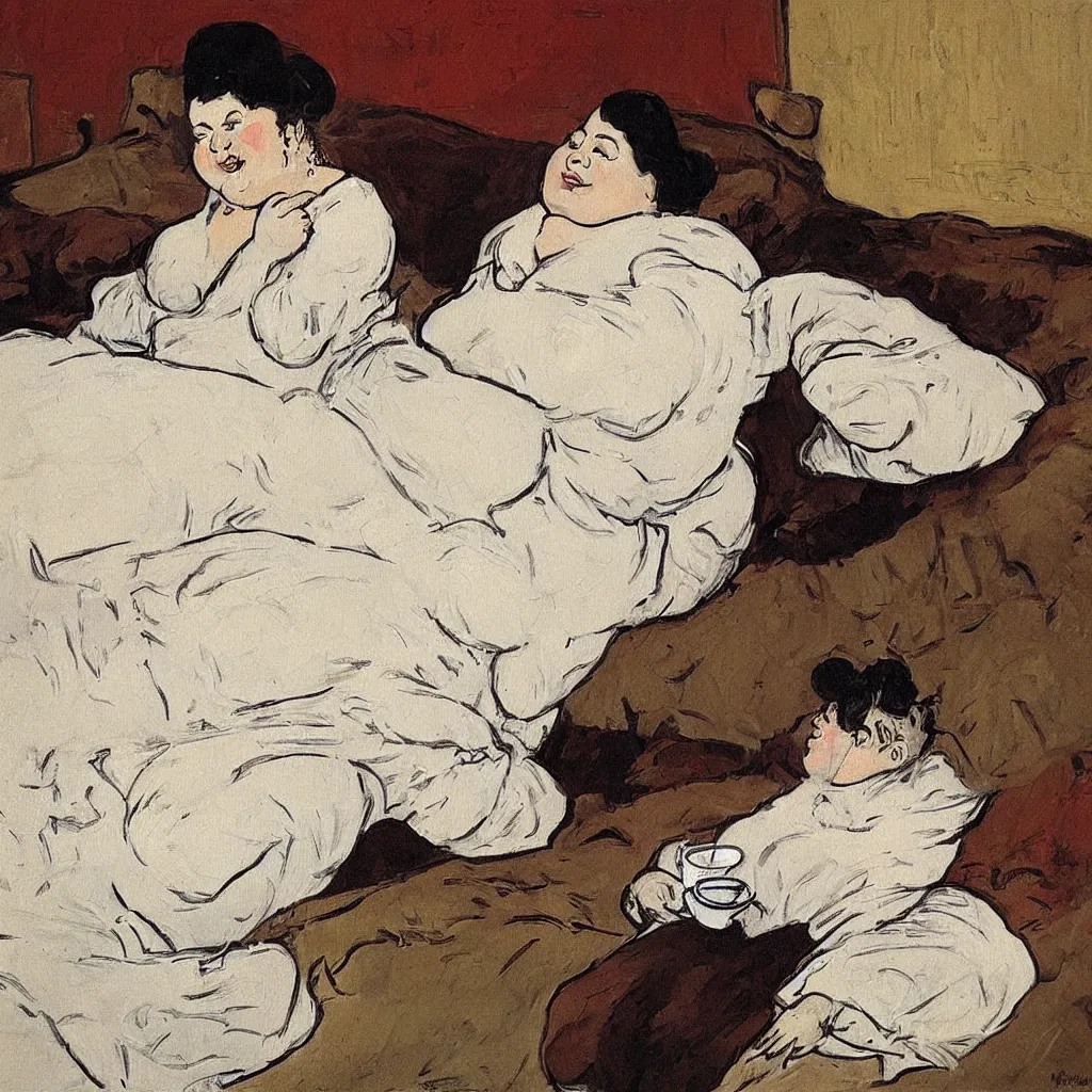 Prompt: a beautiful painting of a beautiful fat woman drinking coffee in a bed with white sheets drinking coffee in the style of telous lautrec