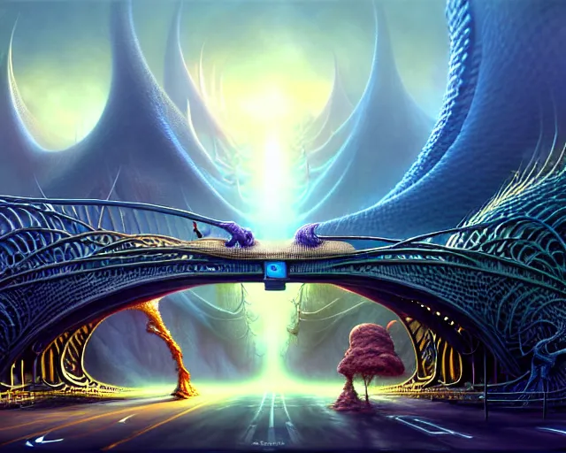 Prompt: street view of a bridge being held up by two hands, fantasy landscape made of fractals facing each other, ultra realistic, wide angle, intricate details, the fifth element artifacts, highly detailed by peter mohrbacher, hajime sorayama, wayne barlowe, boris vallejo, aaron horkey, gaston bussiere, craig mullins