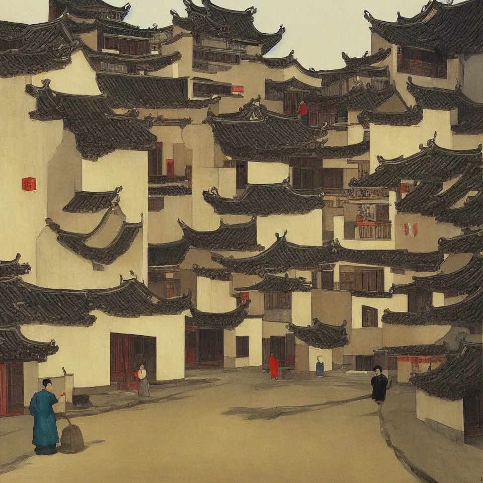 Prompt: a painting of hongcun ancient village houses by edward hopper and james jean