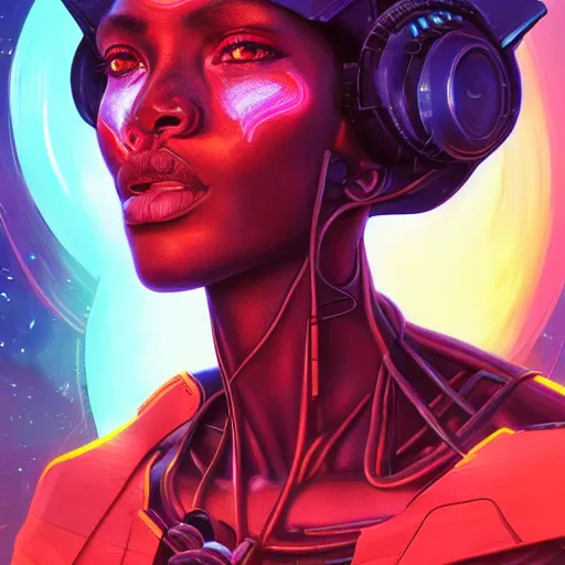 Image similar to african space pirate, science fiction, highly detailed, digital painting, beautiful eyes, symmetry, concept art, sharp focus, illustration, global illumination, radiant light, synthwave colors, detailed and intricate environment, art by artgerm and greg rutkowski and magali villeneuve and ilya kuvshinov!
