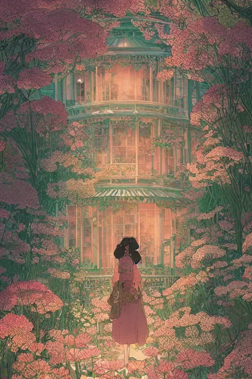 Image similar to a beautiful hyperdetailed matte illustration victo ngai style of absolutely beautiful blooming flower house, from china, perfectly shaded, atmospheric lighting, style of studio ghibli, makoto shinkai, raphael lacoste, louis comfort tiffany, artgerm, james jean, ross tran, chinese style