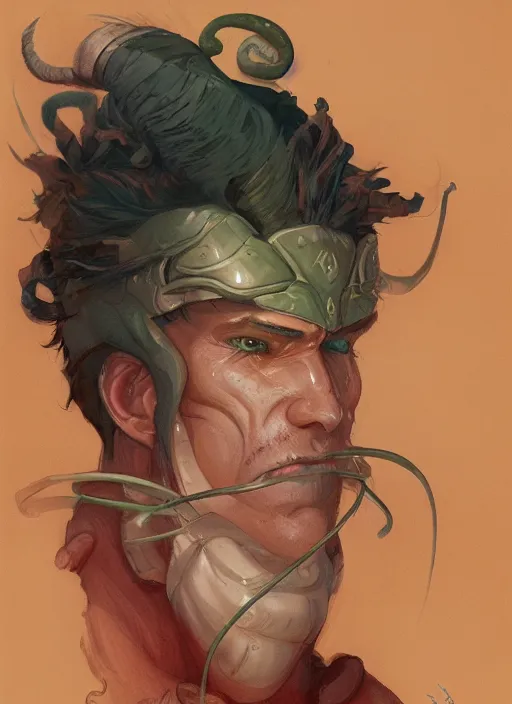 Prompt: a portrait of a male character who has two snake nostrils instead of his nose in a scenic environment by Ross Tran and by Jesper Ejsing and by Mikalojus Konstantinas Ciurlionis