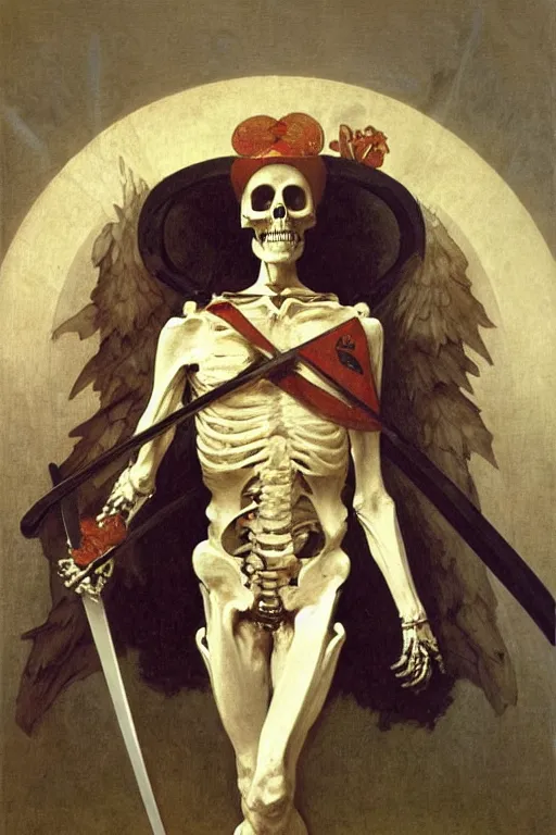 Image similar to portrait of a skeleton archer with big sword, wearing helmets and armor with wings, symmetrical, solemn, sacred, aura, by bouguereau