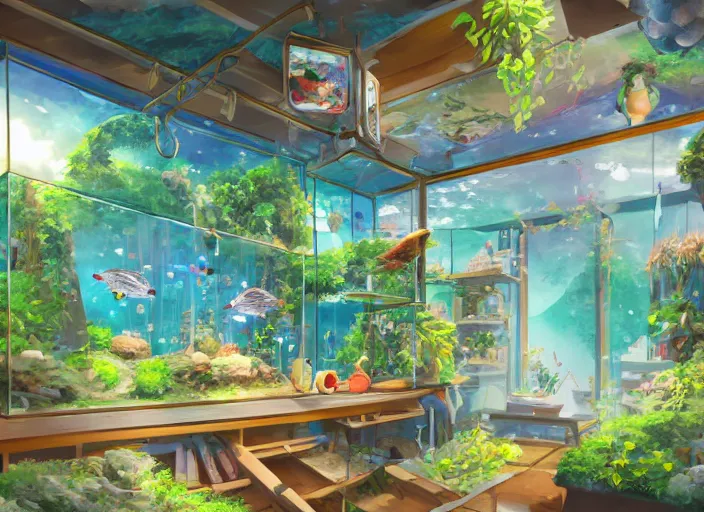 Image similar to wide angle two - point - perspective panoramic anime background clean neat clarity professional visual development set design, tiny cozy store with hanging bird cages and bright fish aquariums, sparse planted terrariums, dim painterly lighting volumetric aquatics, impasto, trending on pixiv