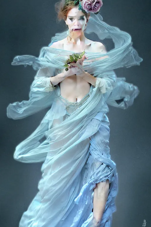 Image similar to woman dressed in a vaporous wrapped large victorian pale blue roses silk semi-transparent dress fashion is running D&D, fantasy, intricate, elegant, highly detailed, digital painting, artstation, concept art, matte, sharp focus, illustration, art by Artgerm and Greg Rutkowski and Alphonse Mucha