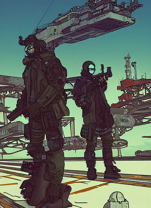 Prompt: cyberpunk cartel mercenaries on hover skiff. burning oil rig in the background. portrait illustration, pop art, art by ashley wood, alphonse mucha, laurie greasley and josan gonzalez. cinematic. dynamic lighting. realistic proportions. creative design. cell shading