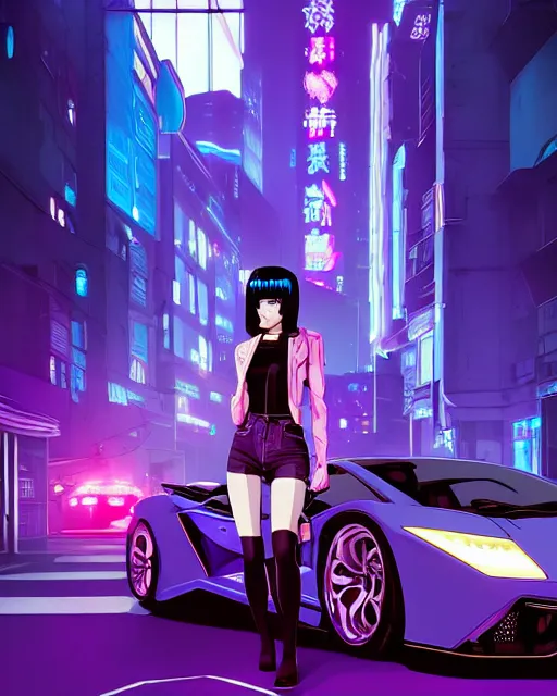 Image similar to digital illustration of cyberpunk pretty girl with blue hair, standing in front of a purple lamborghini, in city street at night, by makoto shinkai, ilya kuvshinov, lois van baarle, rossdraws, basquiat