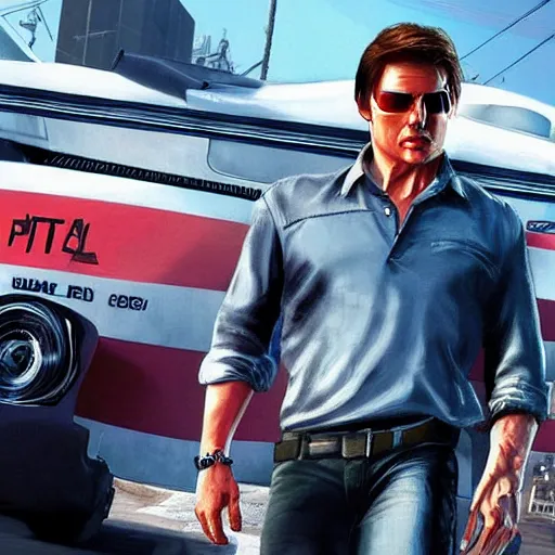 Image similar to “Tom Cruise in GTA V, cover art by Stephen Bliss, Boxart, loadscreen”