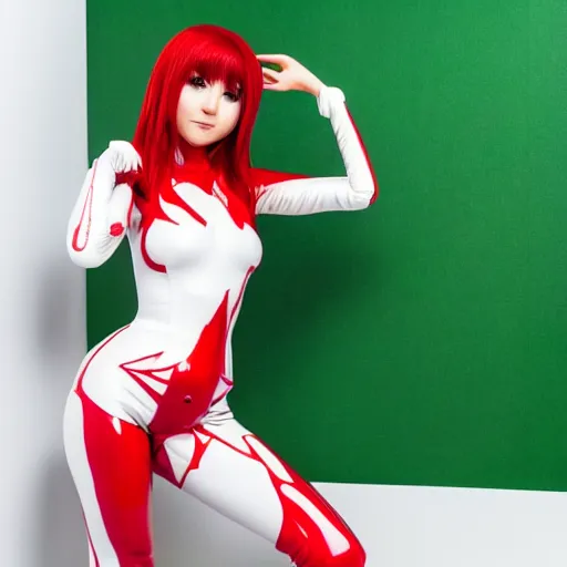 Prompt: very detailed full-length back photo of European anime cosplayer girl wearing white and red latex costume, studio photo, anatomically correct, pretty face, fine-face, smooth, sharp focus, UHD, 8k