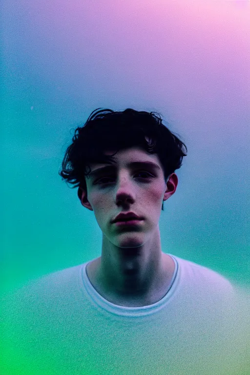 Image similar to high quality pastel coloured film mid angle selfie photograph of a beautiful young 2 0 year old male, soft features, black hair, standing in an icelandic black rock environment. atmospheric. three point light. photographic. art directed. ( pastel colours ). volumetric light. stark. waves glitch. 8 k. filmic.