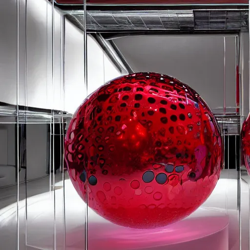 Prompt: chrome spheres on a red cube by yosuke onishi