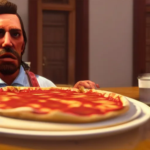 Image similar to gopro footage of a hotdog man eating a slice of pizza in a court room, iso 2 0 0, depth of field, cinematic, volumetric lighting, by red dead redemption 2