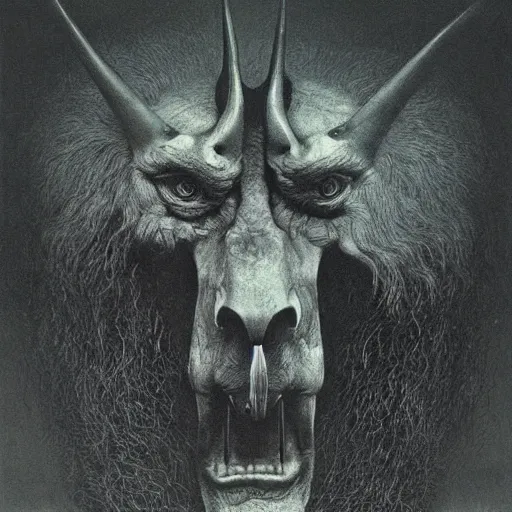 Image similar to a creature with the body and eyes of a man, with the beak of an eagle, the mane of a lion, and the horns of an ox. drawn by zdzislaw beksinski