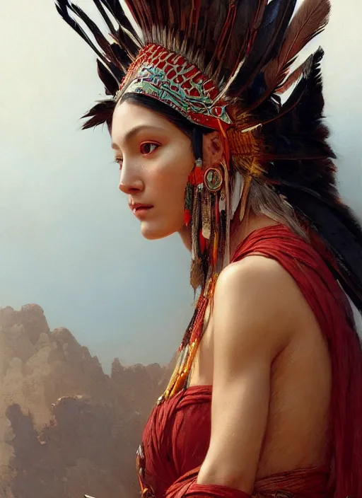 Image similar to gorgeous redskin woman wearing headdress, intricate, elegant, highly detailed, artstation, concept art, smooth, sharp focus, illustration, art by and greg rutkowski and orientalism and bouguereau