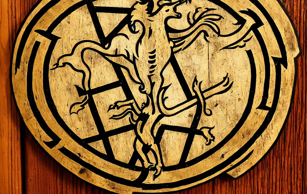 Image similar to medieval coat of arms containing the symbols of the five manna values from magic the gathering on a wooden shield