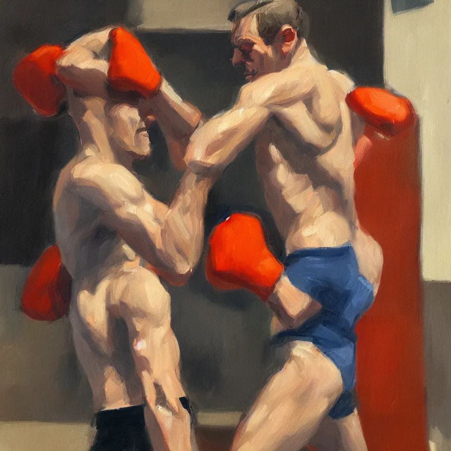 Image similar to a portrait of of boxing man, in the style of edward hopper, in the style of max ginsburg, realism, very small brushstrokes, 4 k,