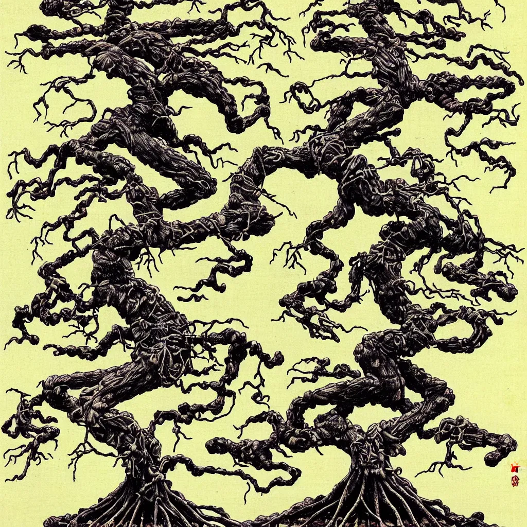 Image similar to prompt: anatomy dissection drawing skeleton Bonsai tree drawn by Takato Yamamoto, bonsai skeleton anatomy atlas, veins and organs attached to tree roots, alchemical objects inspired by 1980's sci-ci, old experimentation cabinet, intricate oil painting detail, manga 1980