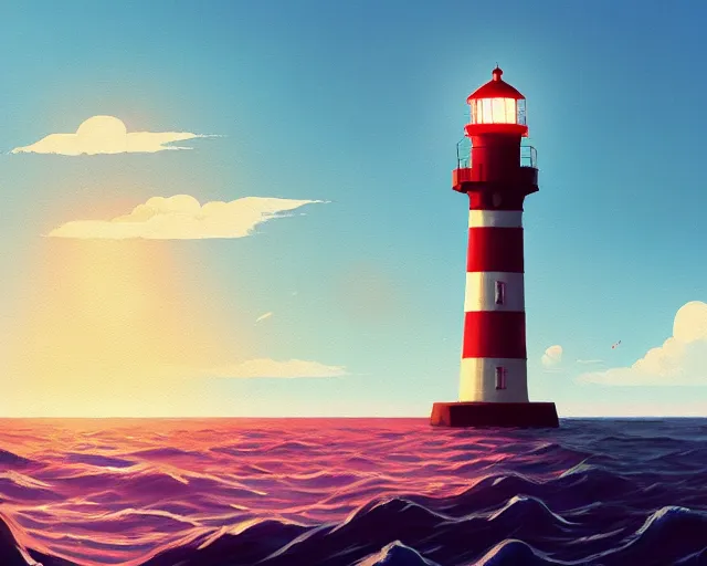 Image similar to painting of lighthouse in the sea by goro fujita, makoto shinkai, simon stalenhag, cinematic shot, exquisite lighting, clear focus, brush stroke, plain background, soft painting