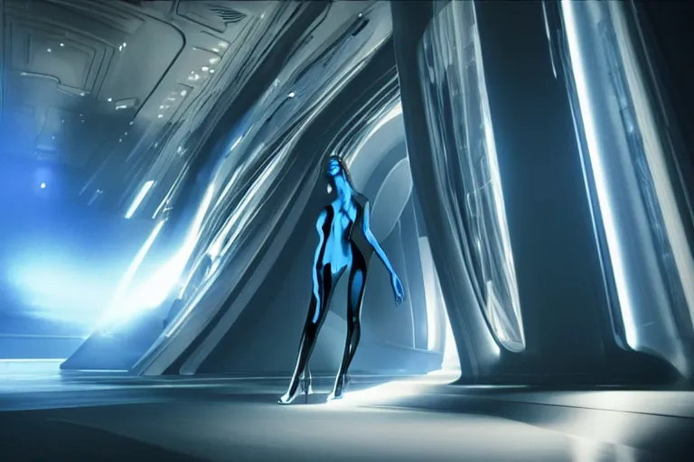 Image similar to vfx movie scene closeup of beautiful blue skin alien woman dancing in sleek futuristic decadent spaceship pillars, futuristic ballroom. giant windows view of earth obit. by emmanuel lubezki