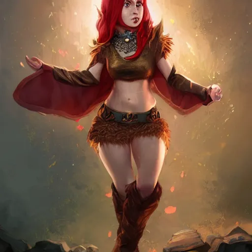 Image similar to a spirited halfling sorcerer woman with red hair, freckles like bronze scales, gold eyes, therapist, witch's outfit, character art, full body art, Dungeons and Dragons, D&D, trending on artstation, artgerm, 4k ultra hd, sharp focus, digital art by Ilya Kuvshinov and Ross Tran,