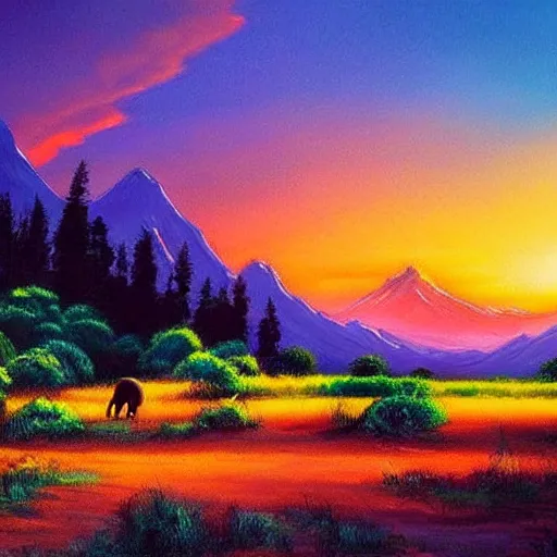 Image similar to beautiful landscape mountains, valley, sunset light, lots of wildlife and a gorilla. Bob Ross.