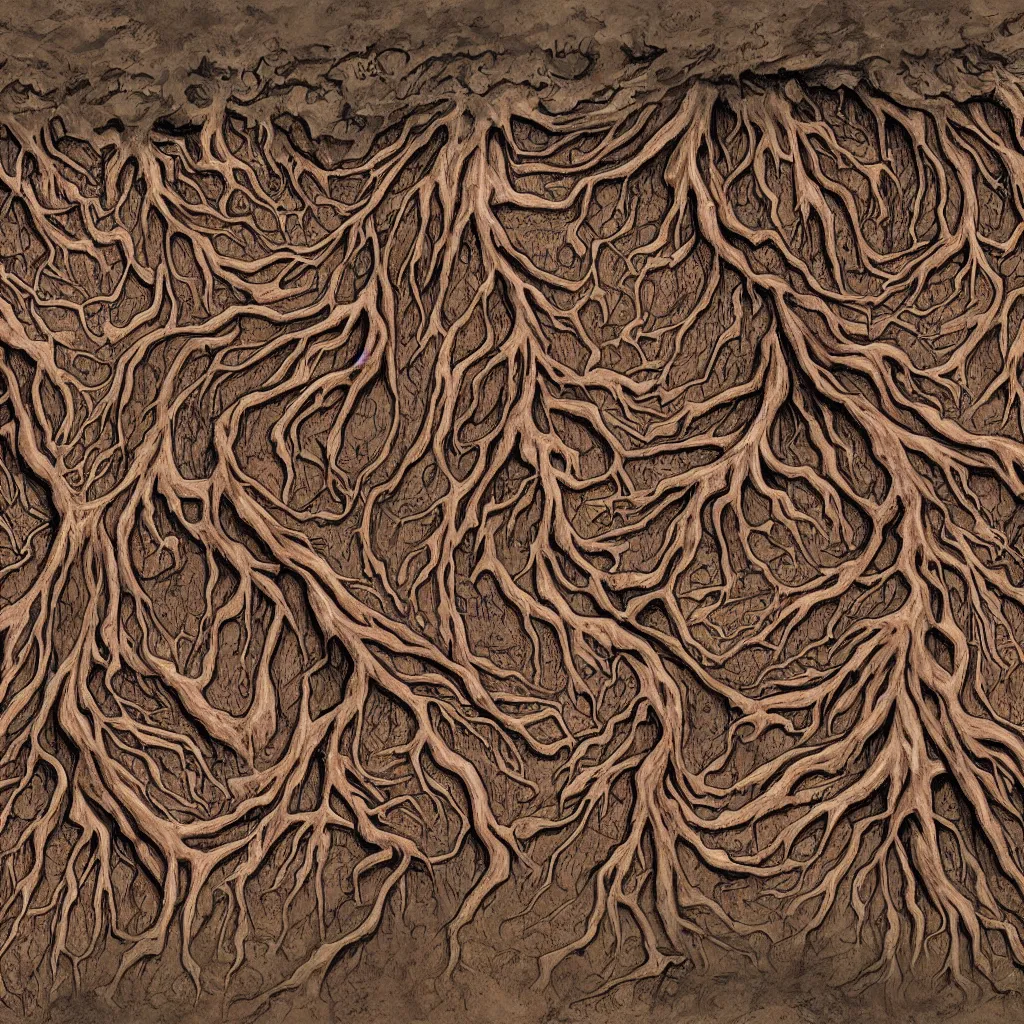 Image similar to a digital topdown painting of nightmare horror mud with bricks thick tree roots and many muddy body parts, faces rising from the ground.