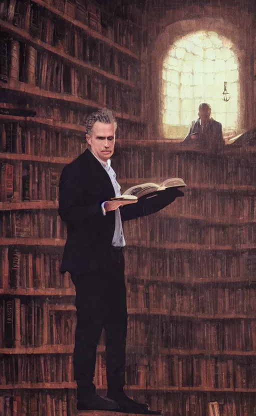 Prompt: Jordan Peterson reading while standing in a dark old library, window light behind him Greg Rutkowski, 4k, masterpiece