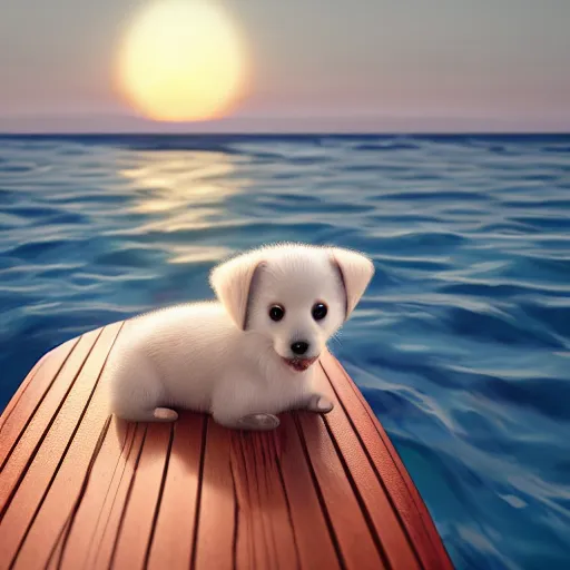 Image similar to a close - up image of a baby dog on a small wooden boat in the sea near a small island at sunrise, ghibli studio, pixar and disney style, concept art, octane render, unreal engine 5, trending on artstation, high quality, highly detailed, colorful, anatomically correct, anime style, beautiful, path traced, cute