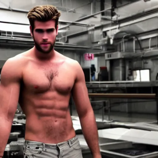 Image similar to a realistic detailed photo of a guy who is an attractive humanoid who is half robot and half humanoid, who is a male android, actor liam hemsworth, shiny skin, posing like a statue, blank stare, in a factory, on display, showing off his muscles