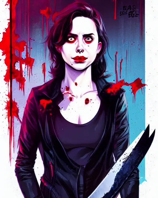 Image similar to Rafael Albuquerque comic cover art, loish, Sam yang, artgerm, Ross tran, pretty female Alison Brie serial killer holding bloody knife, blood on clothes and face, sarcastic smile, symmetrical eyes, symmetrical face, full body, jean jacket, jeans, short blonde hair, middle shot, highly saturated, deep blacks