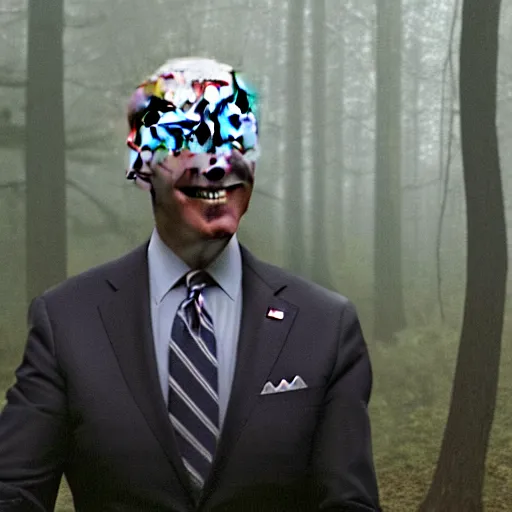 Image similar to joe biden seein in the foggy woods with a devilish grin in his face in the new horror movie, creepy