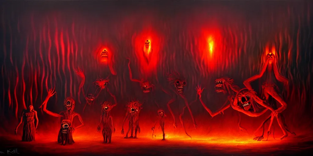 Image similar to repressed emotion creatures and monsters at the mouth of hell, dramatic lighting glow from giant fire, attempting to escape and start a revolution, in a dark surreal painting by ronny khalil