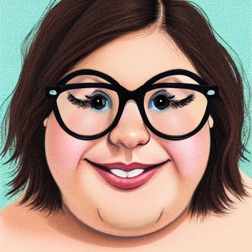 Prompt: fat round brunette woman with messy hair in a short bob, big forehead, round face, big cheeks, large glasses, romanian heritage, brown almond-shaped eyes, smile, olive skin, round nose, protruding chin, thin lips, wide mouth, no bangs, digital art, painterly, cartoon, cute, 8k, illustration, art by loish, painterly, trending on artstation, medium shot, uncropped