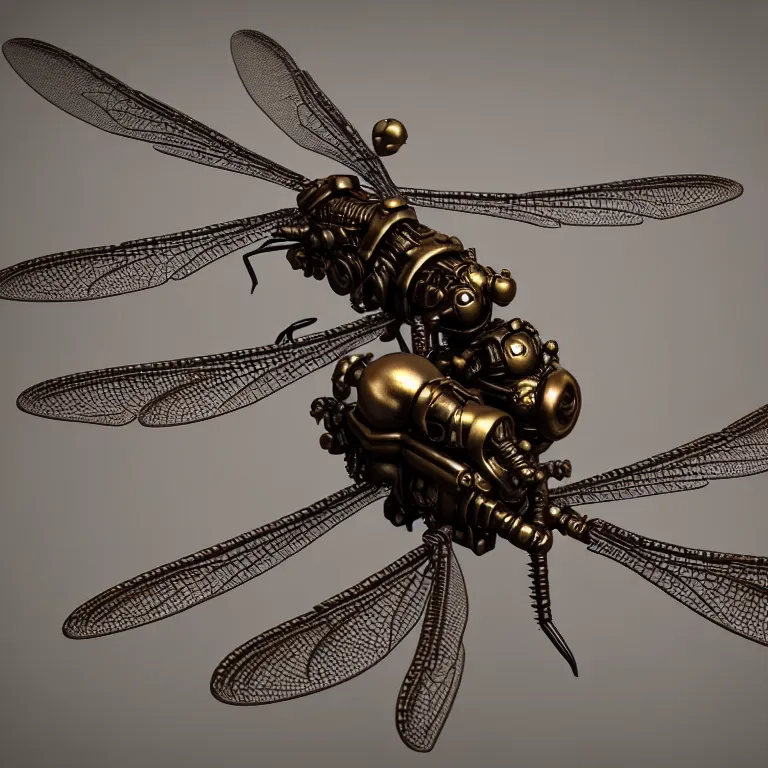 Image similar to steampunk robot dragonflies, 3 d model, unreal engine realistic render, 8 k, micro detail, intricate, elegant, highly detailed, centered, digital painting, artstation, smooth, sharp focus, illustration, artgerm, wlop